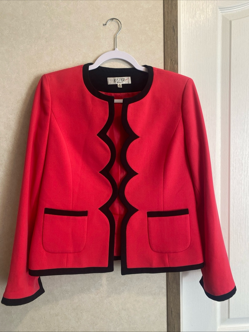 Kasper Vibrant Red Collarless Jacket with Black Scallop Trim